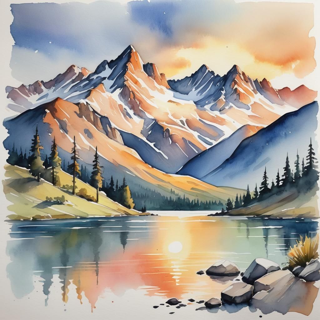 rough sketch of a mountain lake, sunset, watercolor