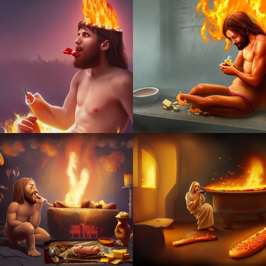 Jesus Christ Eating Hot Dog: Detailed Matte Painting
