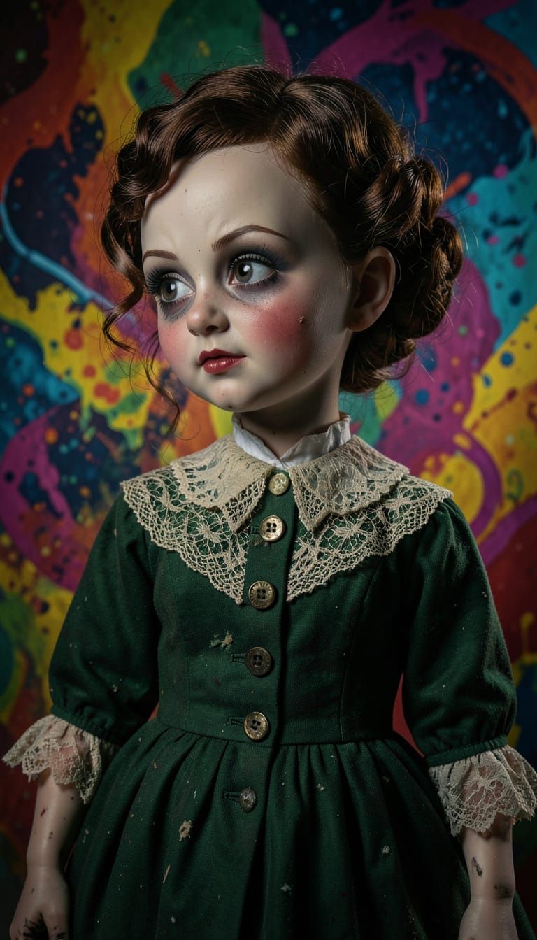 Creepy Vintage Doll with Tim Burton Face in Splash Art Style