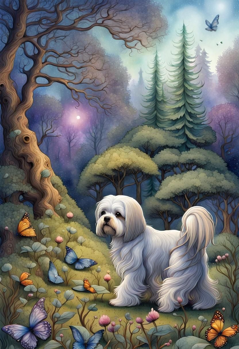 Lhasa Apso in Magical Forest Watercolor Painting