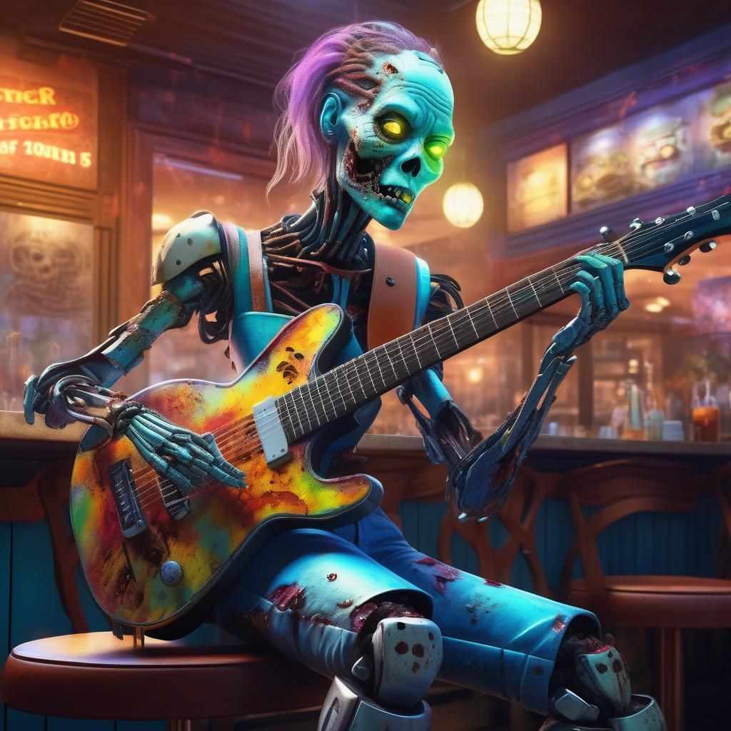 Female Zombie Robot Plays Guitar: Hyperrealistic Concept Art