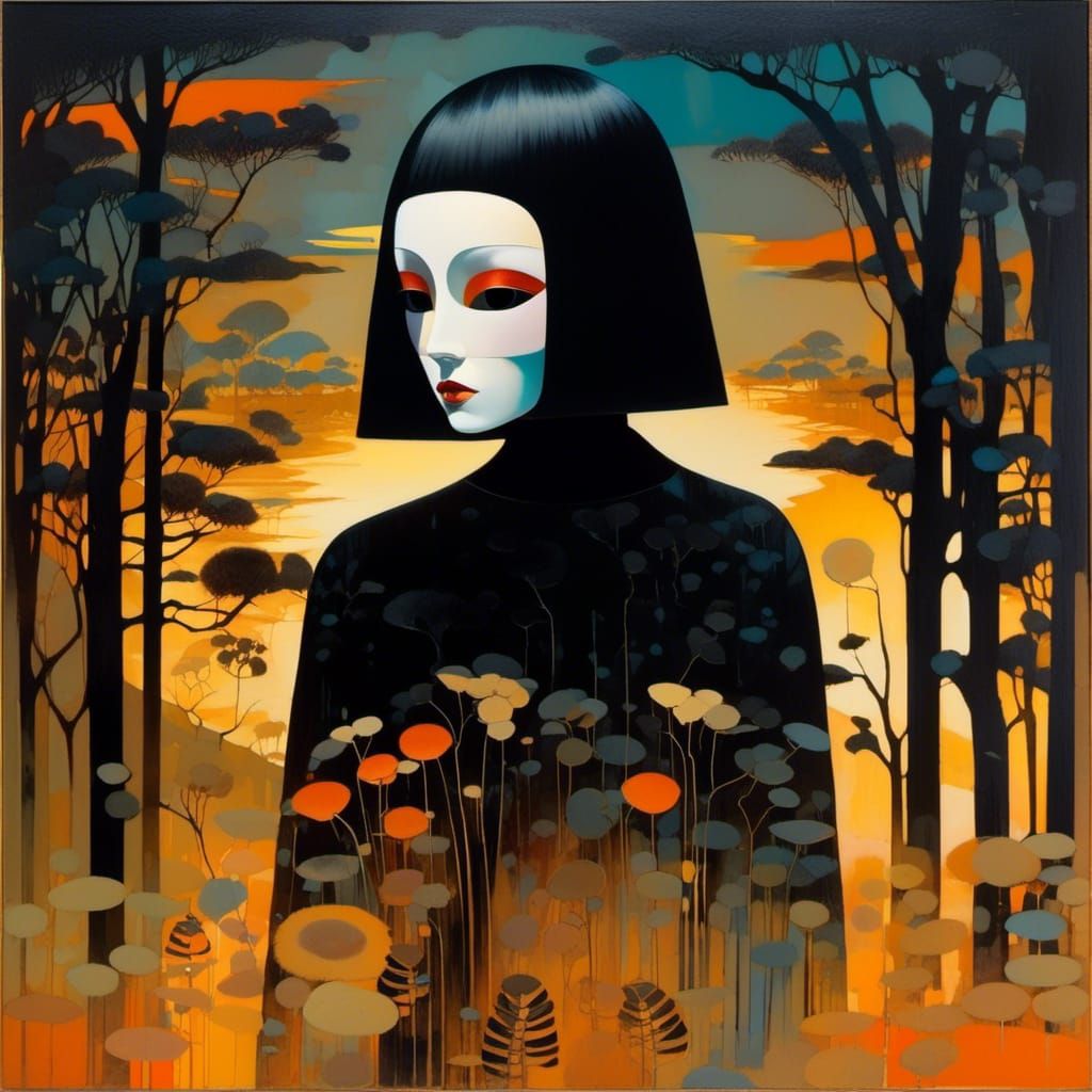 Dystopian Doll Mask Girl in Eerie Double Exposure