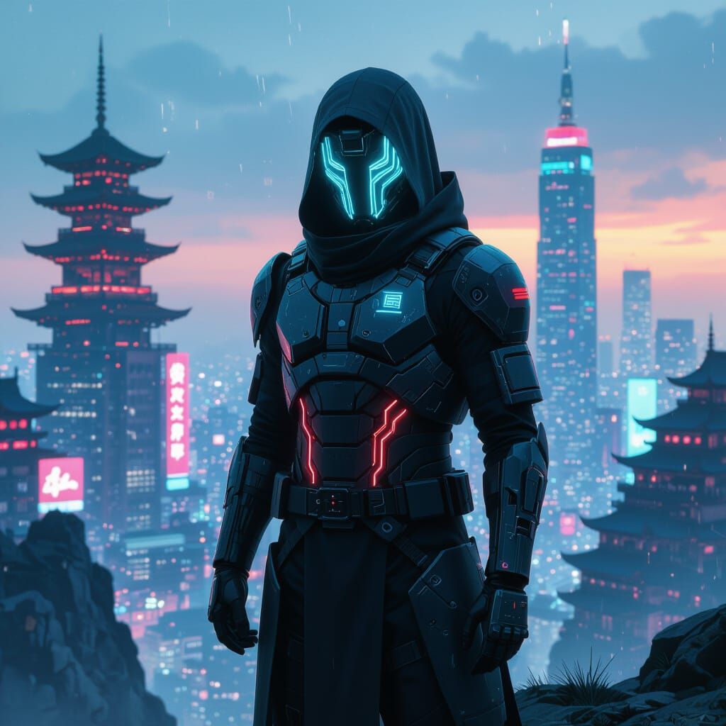 Ninja Over Cyberpunk City in Ghost in the Shell Style