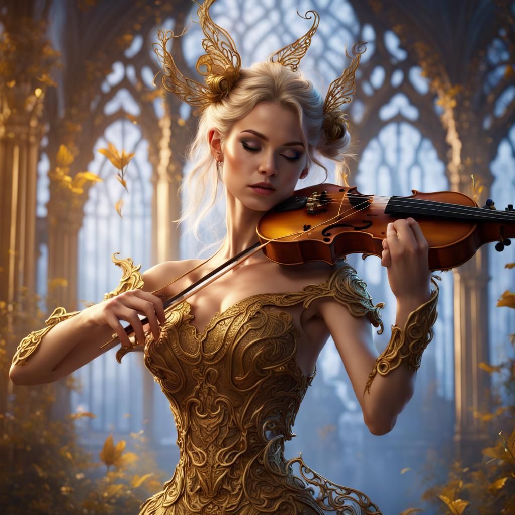 Attractive Fairy Playing Gold Violin in Detailed Painting