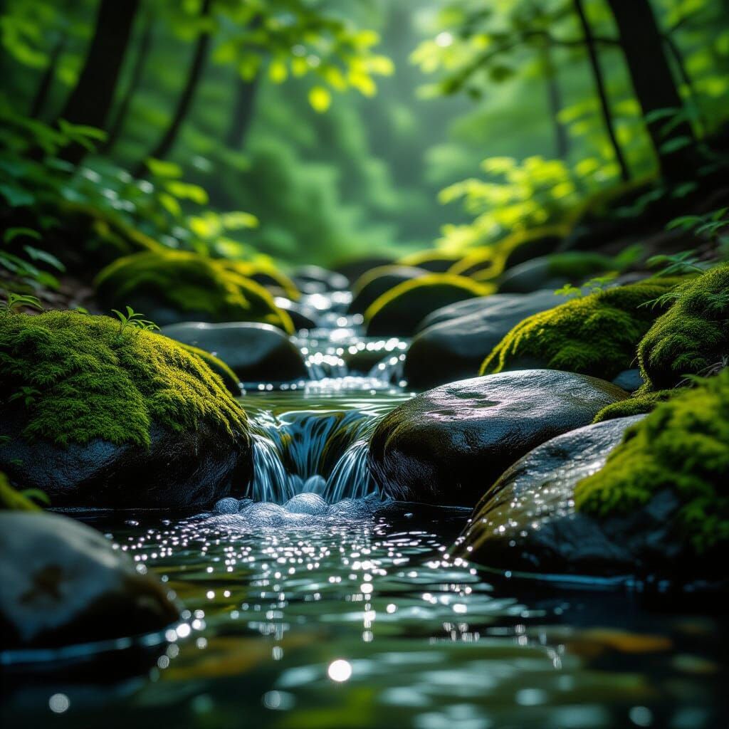 Mountain Spring Gurgling Over Rocks in Dappled Forest Light