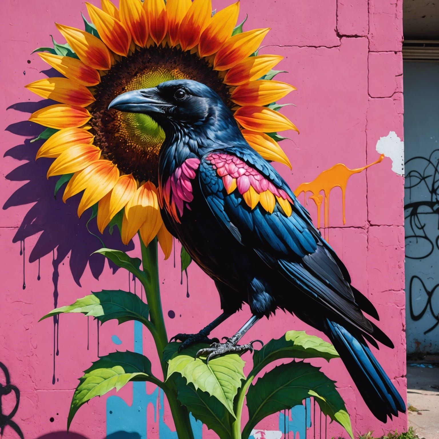 Colorful Crow on Pink Sunflower in Graffiti Art