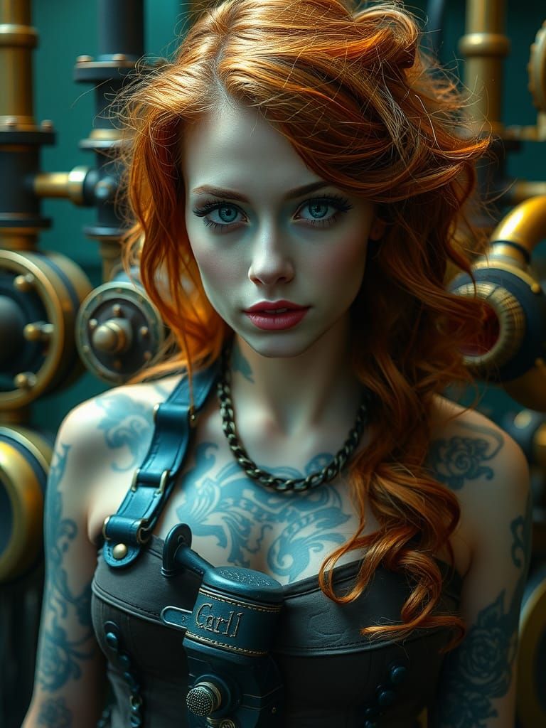 Steampunk Woman with Copper Hair and Tattoos