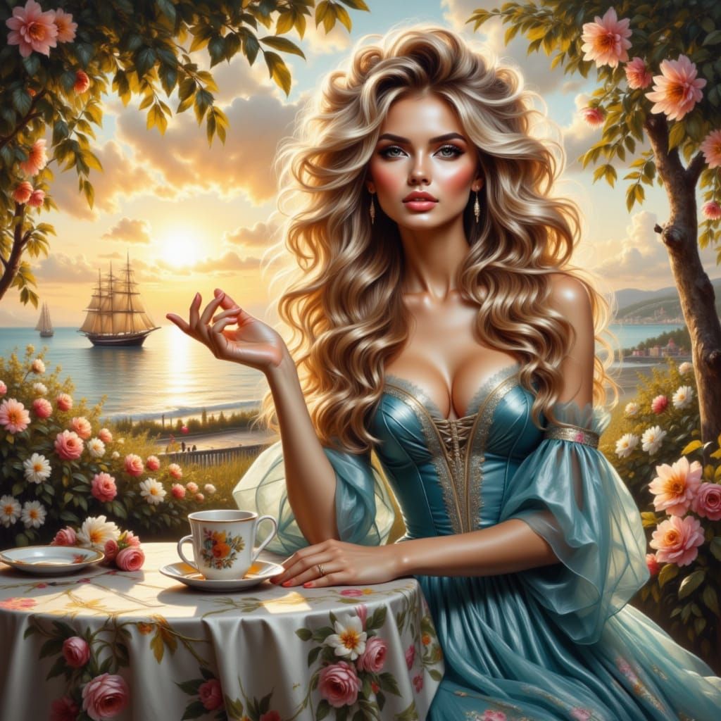 Blonde Woman at Sunset: A Digital Painting