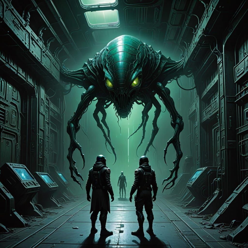 Tense Alien Encounter in Dark, Gritty Space Ship
