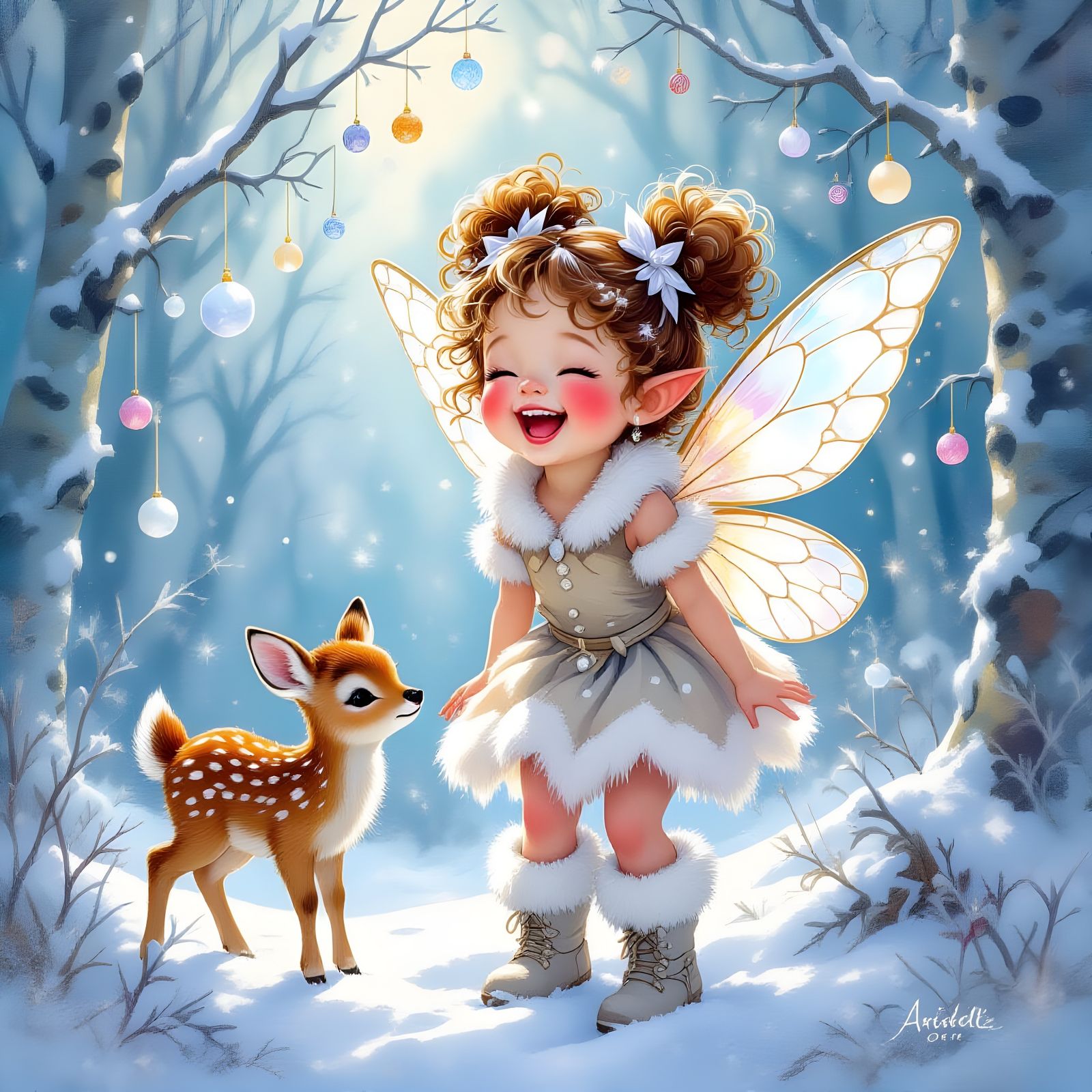 Joyful Child with Fawn in Snowy Forest