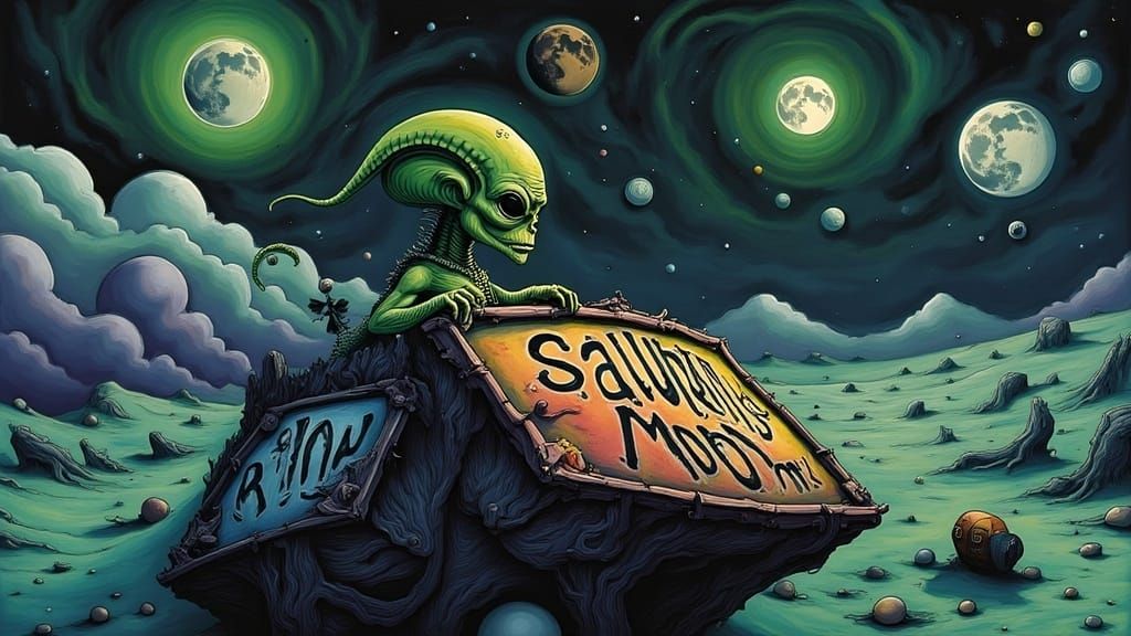 Surreal Green Alien on Moon Road: A Vintage Illustration