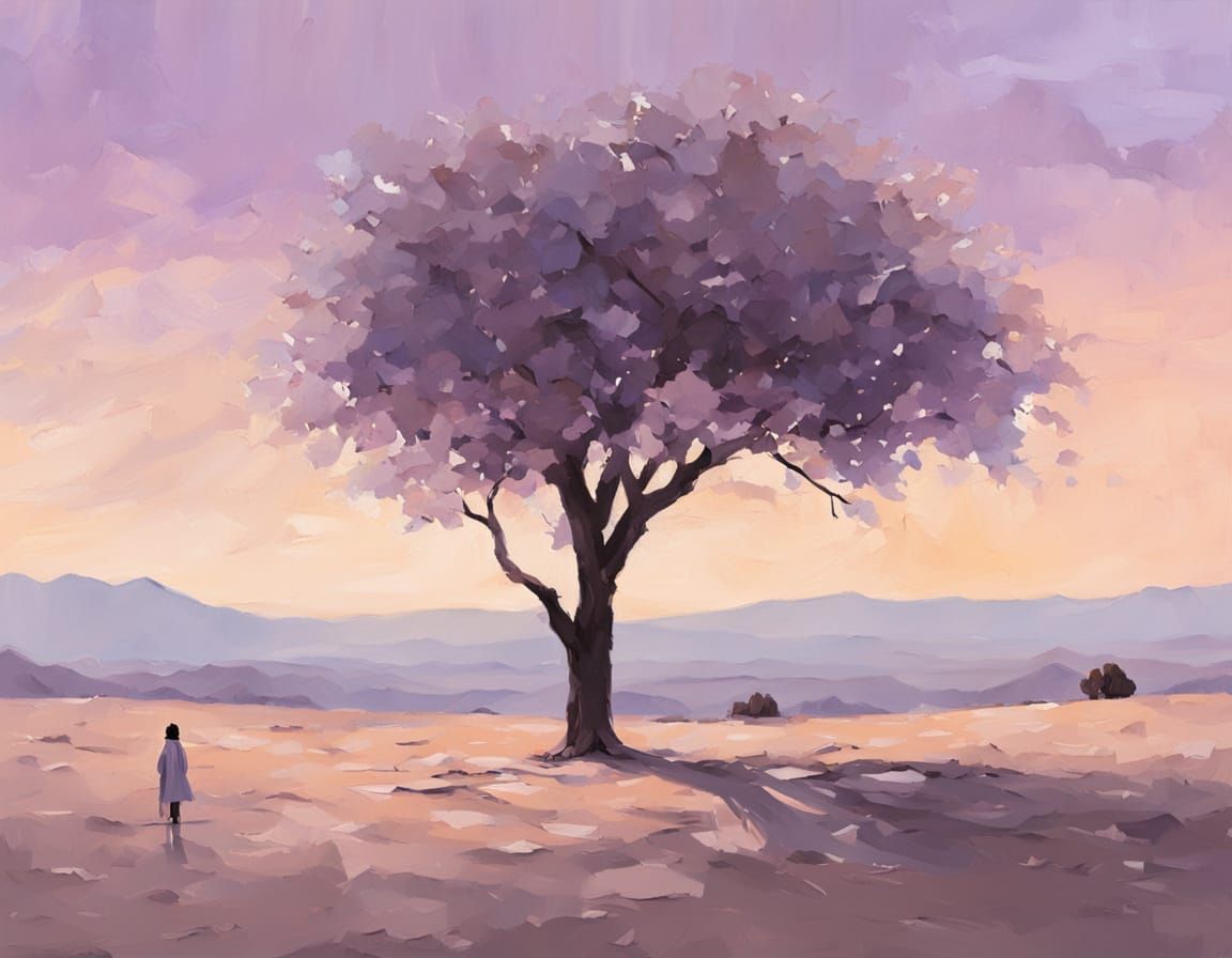 Solitary Figure Under Desert Tree as Impasto Painting