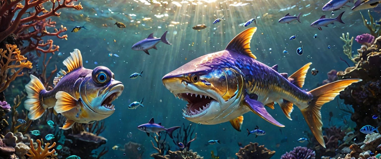 Majestic Shark and Startled Goldfish in Vibrant Underwater S...