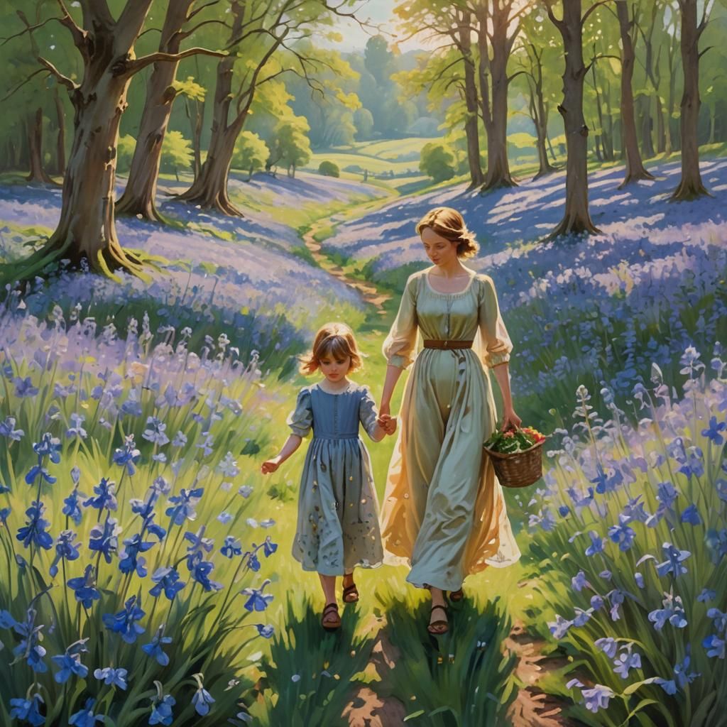 Idyllic Meadow: Mother and Child, Impressionist Oil Painting