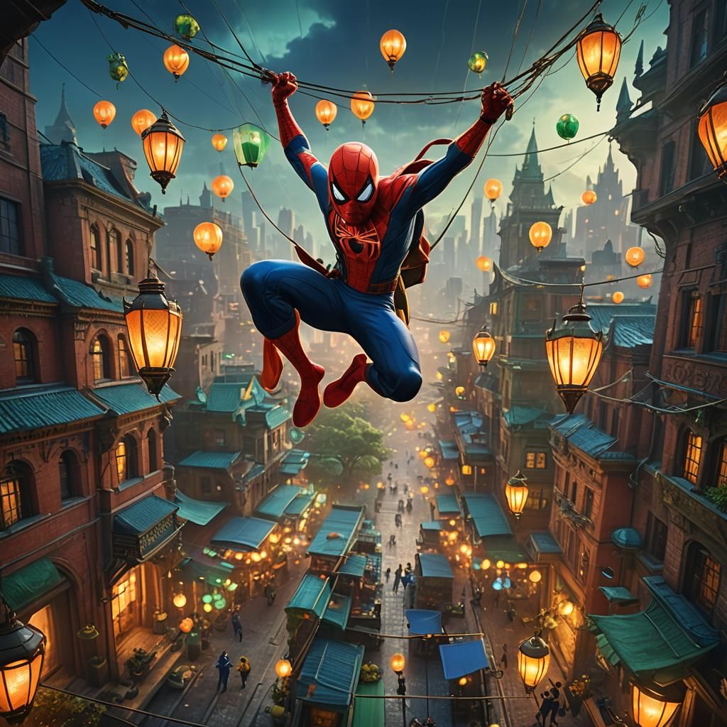 Spider-Man Swings Through Mystical City, Fantasy Art