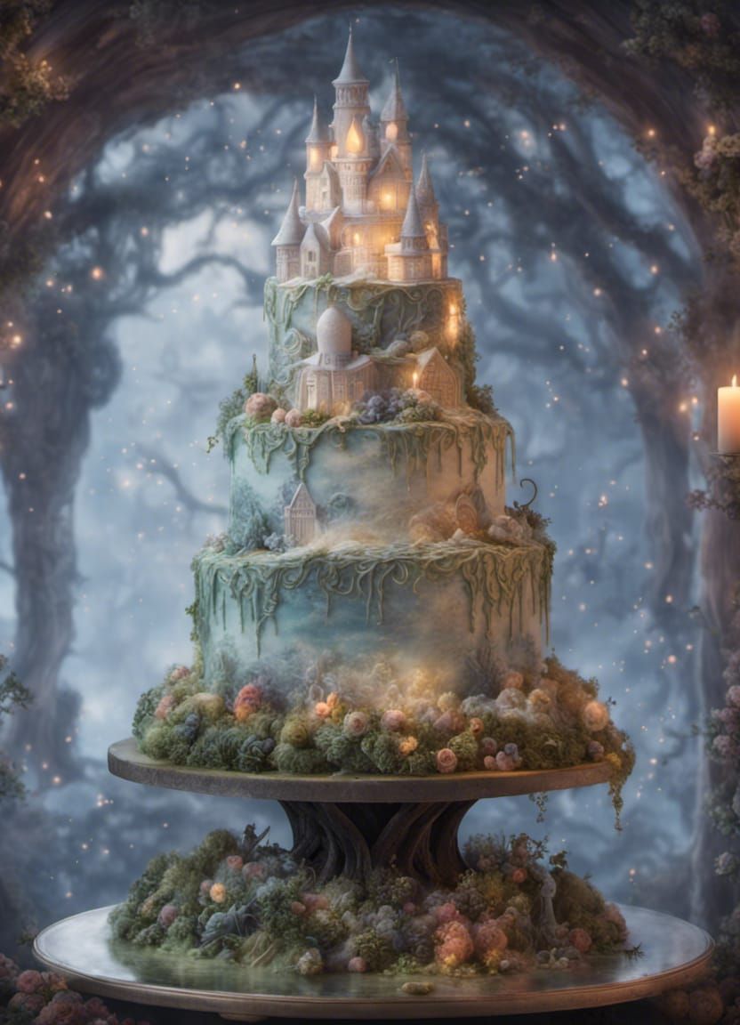 Insanely detailed Cinematic wedding cake, fantasy, witchy st...