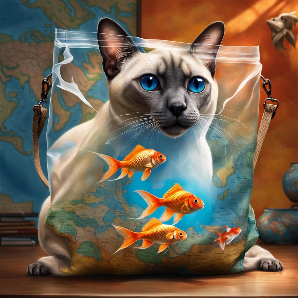 Siamese Cat Planning World Tour with Goldfish