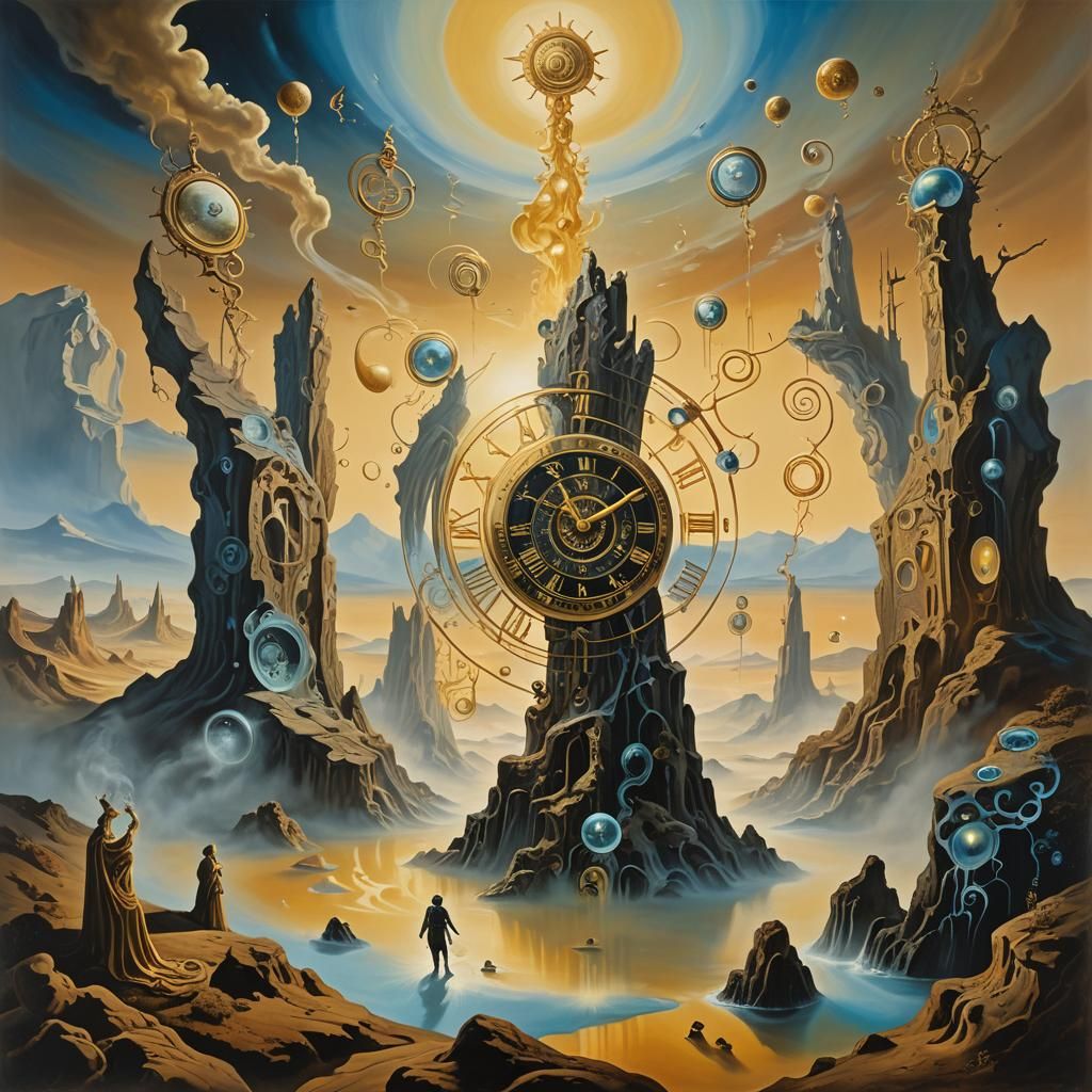 Mystical Beings Manipulating Time in Surreal Realm