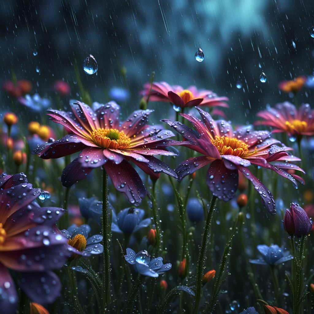 Blooming Flowers with Raindrops in Detailed Matte Painting