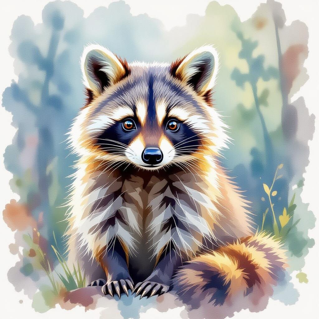 Expressive Watercolor Raccoon with Forest Background