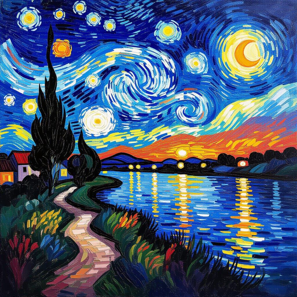 River Shore Sunset Landscape in Van Gogh Style