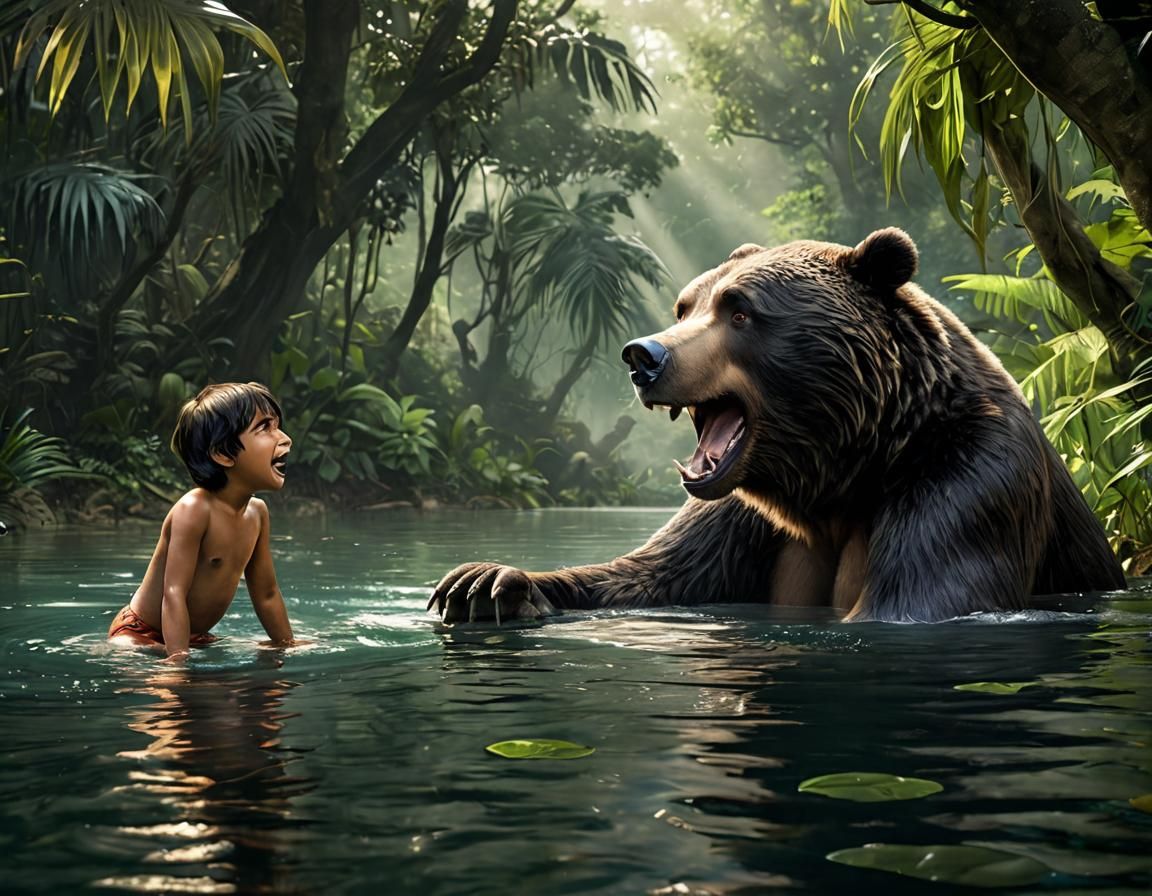 Baloo and Mowgli Swim in Jungle Lake