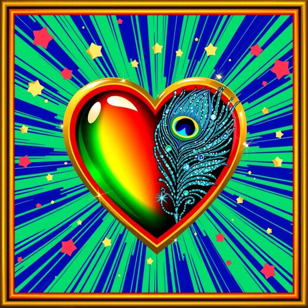 Vibrant 3D Heart with Pop Art Peacock Feathers