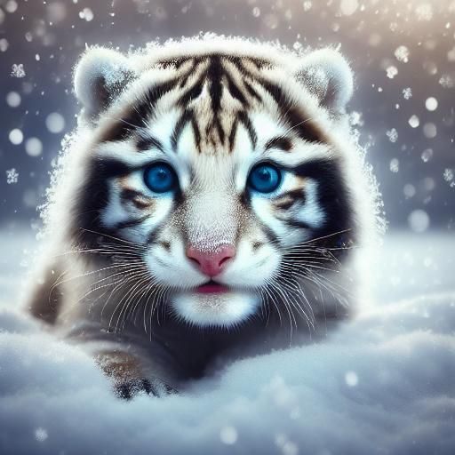 White Tiger Cub in Snow, Surrealist Wildlife Art