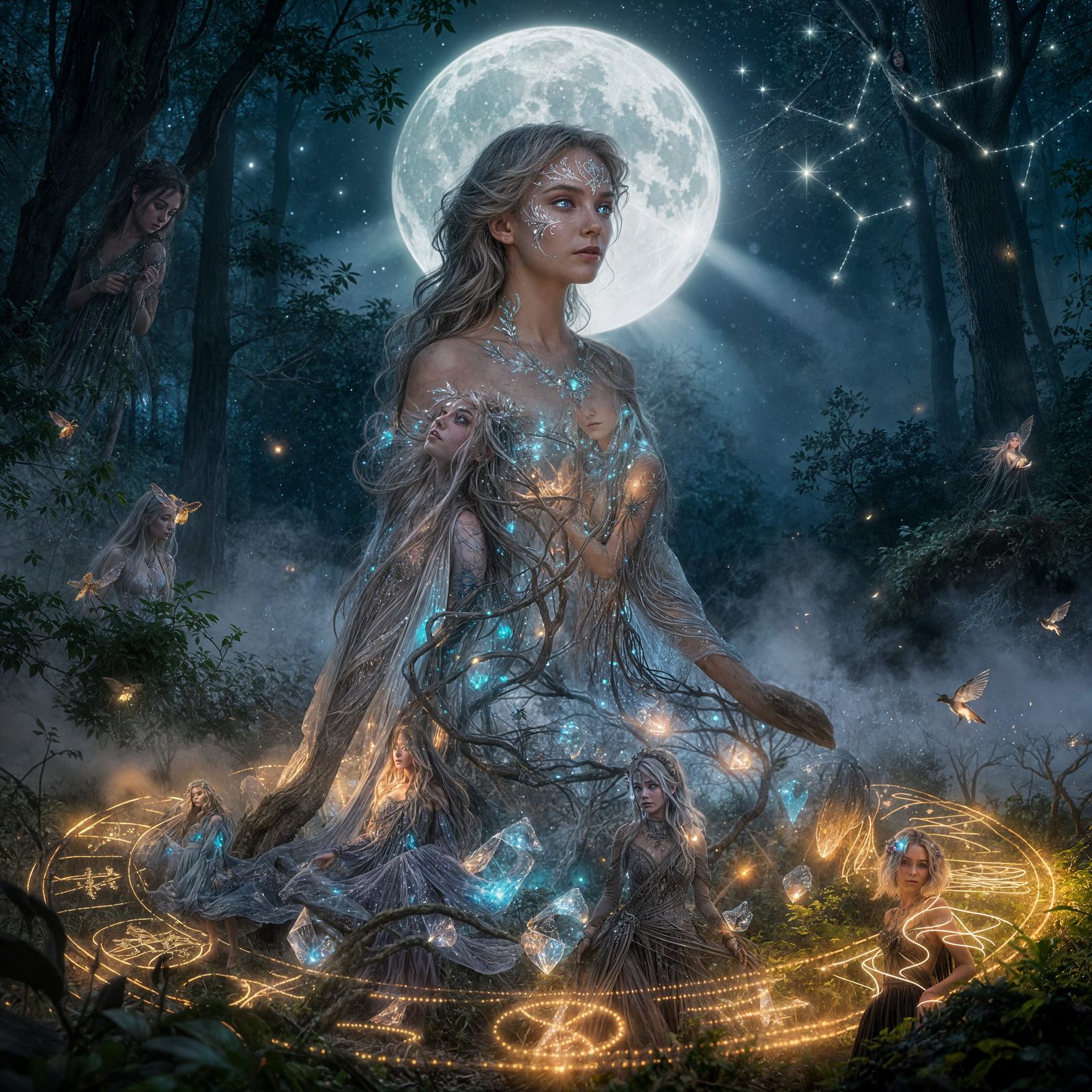 Ethereal Enchantress in Misty Moonlit Forest Glade