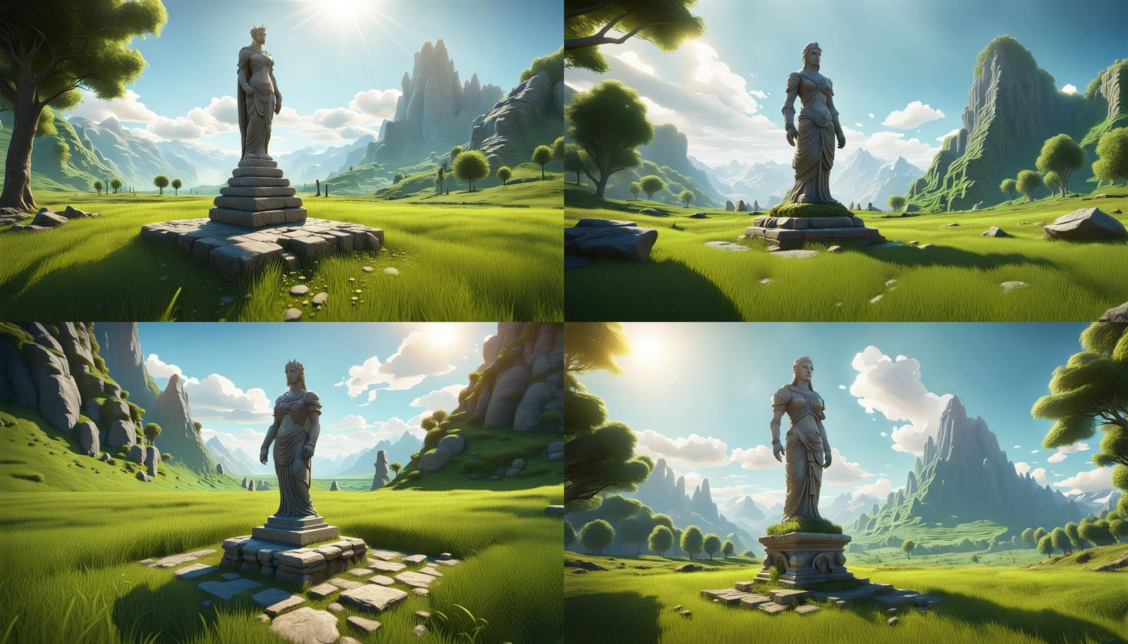 Environment concept art, An ancient stone statue in the center of a green field, 2-point-perspective, perfect perspectiv...