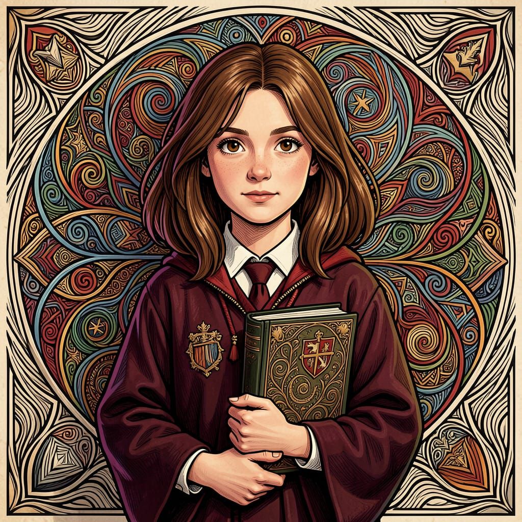 Young Hermione Granger in Gryffindor Robes Holding a Book