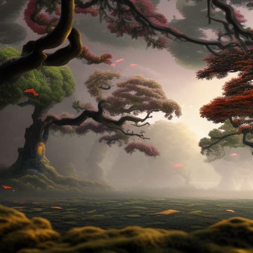 Detailed Bonsai Trees in Ethereal Fantasy Landscape