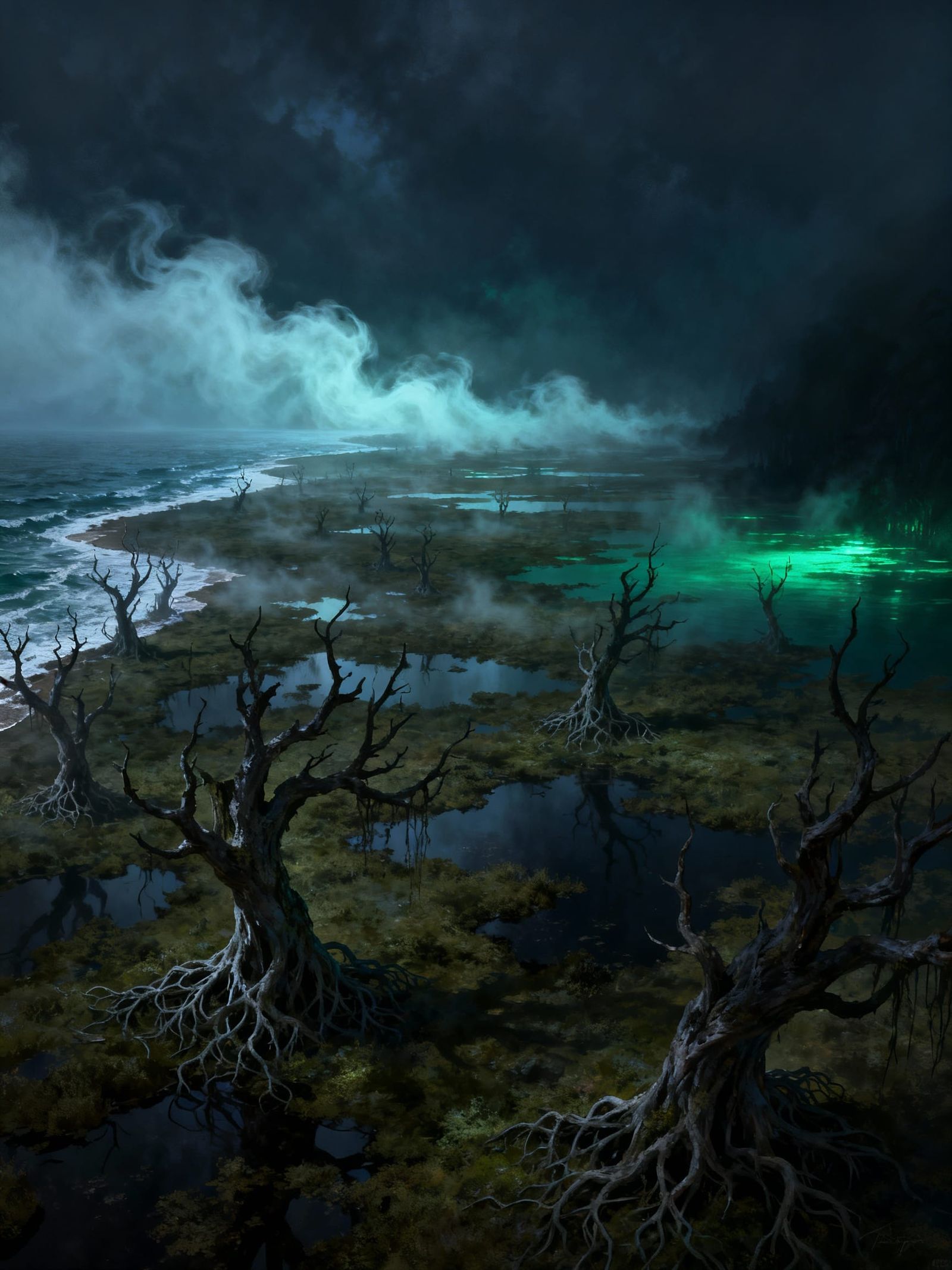 Eerie Marshland Meets Sea in Misty Fantasy Art