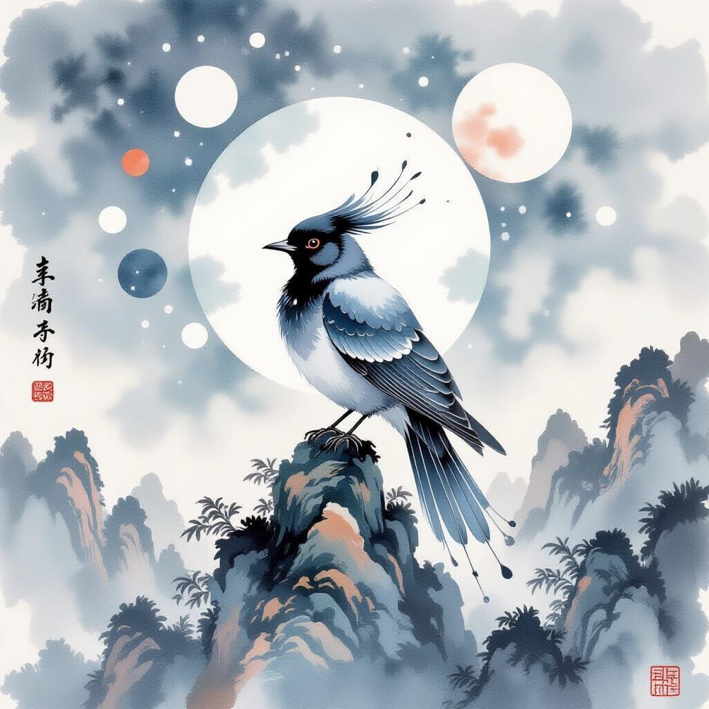 Mockingjay in Chinese Watercolor Style with Ink Celestial Fe...