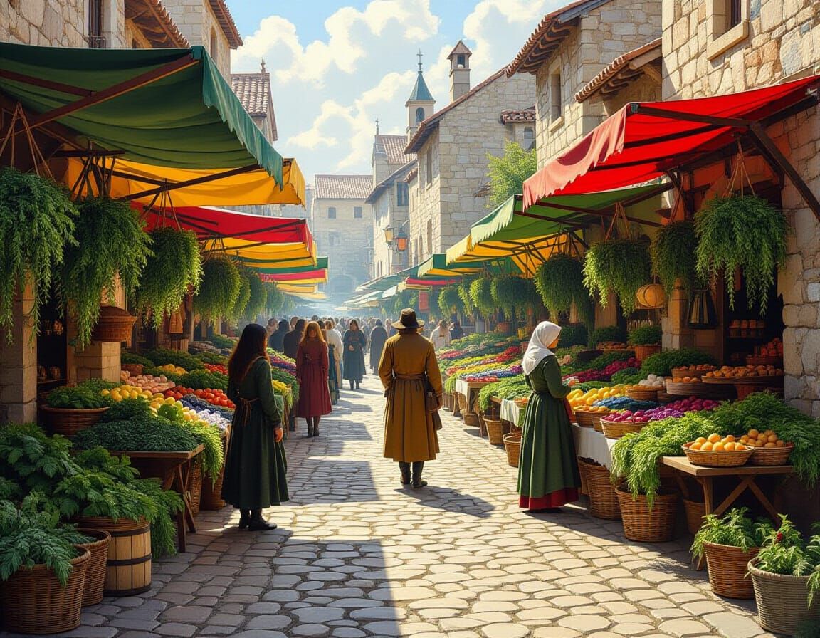 Medieval Marketplace Oil Painting with Herbs and Longing Fig...