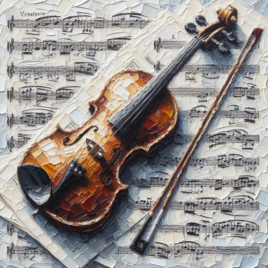 Vibrant Impasto Painting of Rustic Violin and Sheet Music