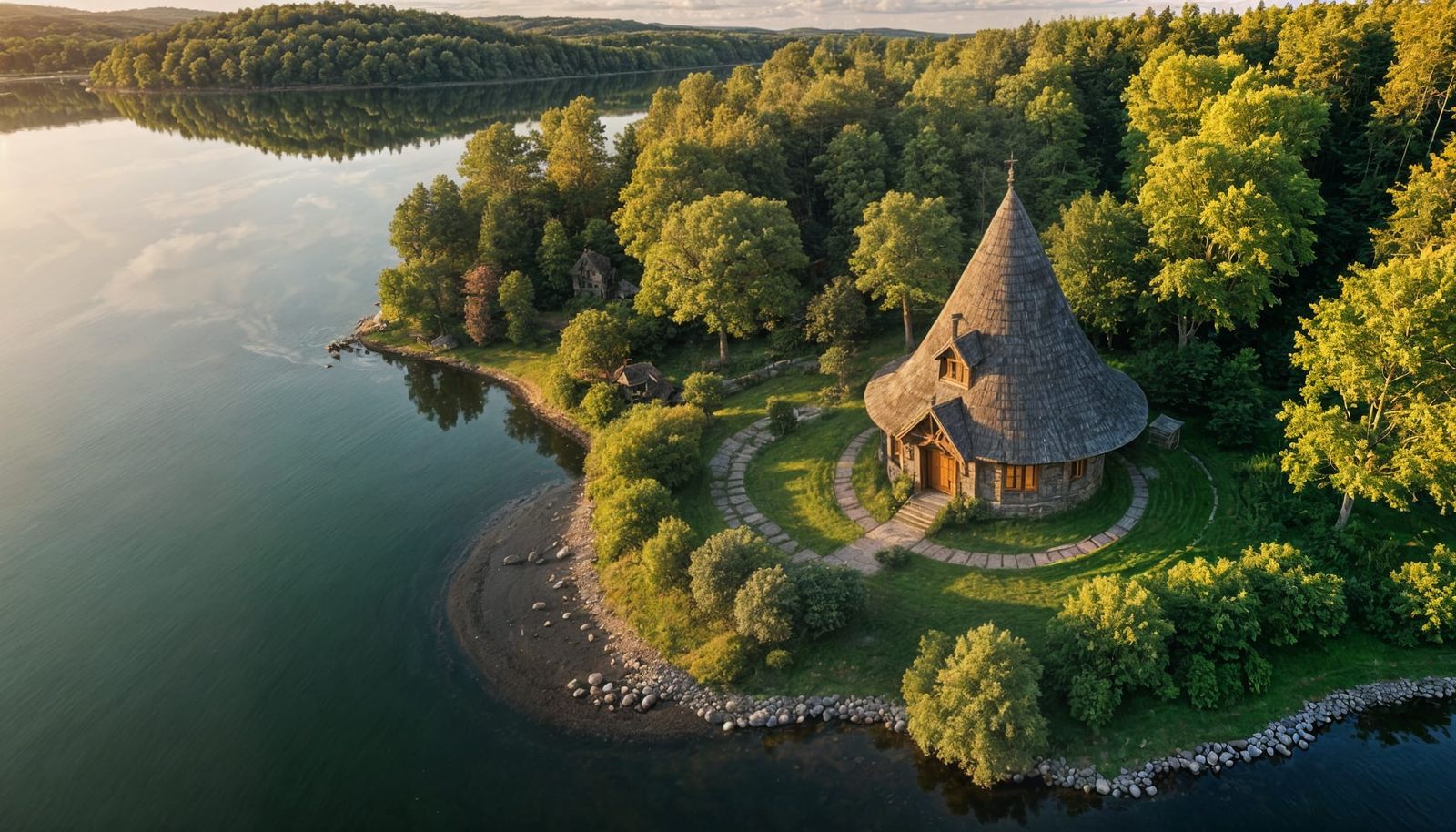 Elven Cottage on Lake at Sundown Aerial View
