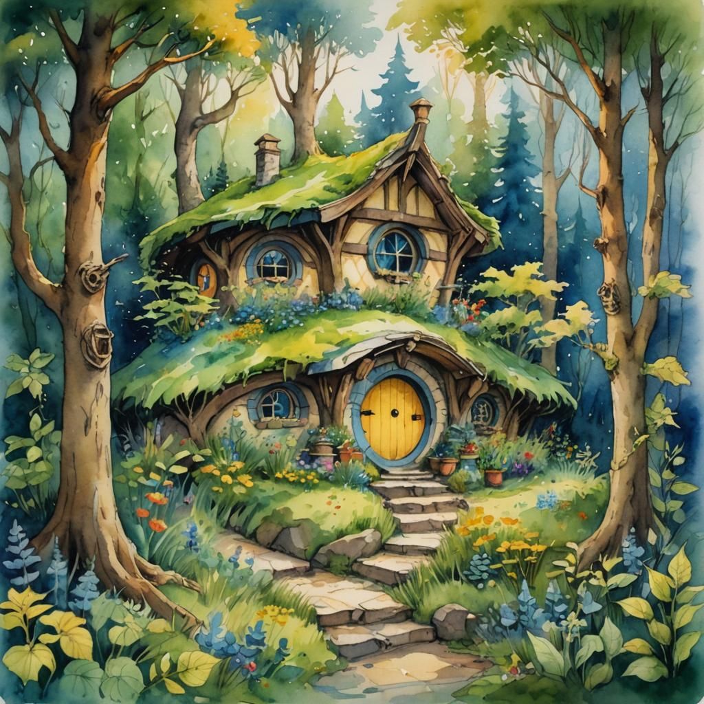 Whimsical Hobbit House Watercolour Illustration