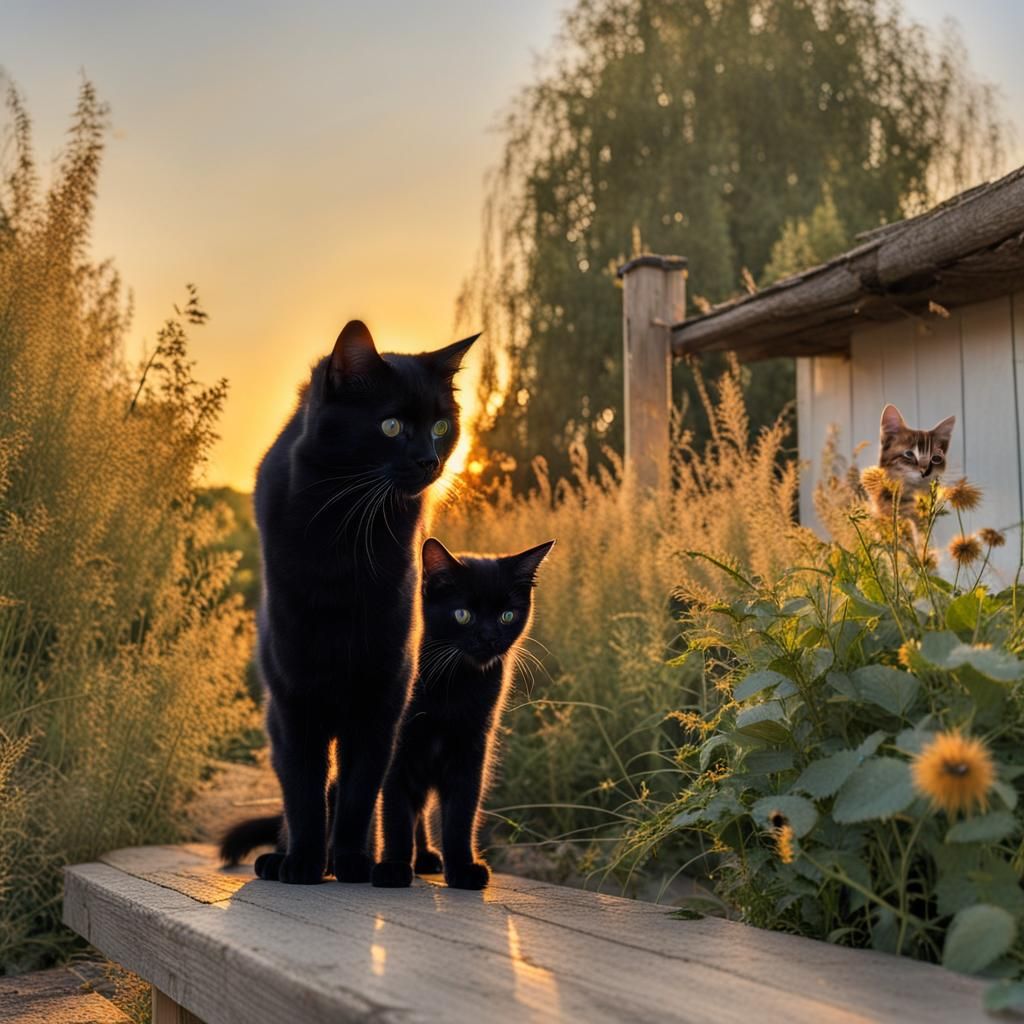 Black Cat Ready to Leap with Kitten