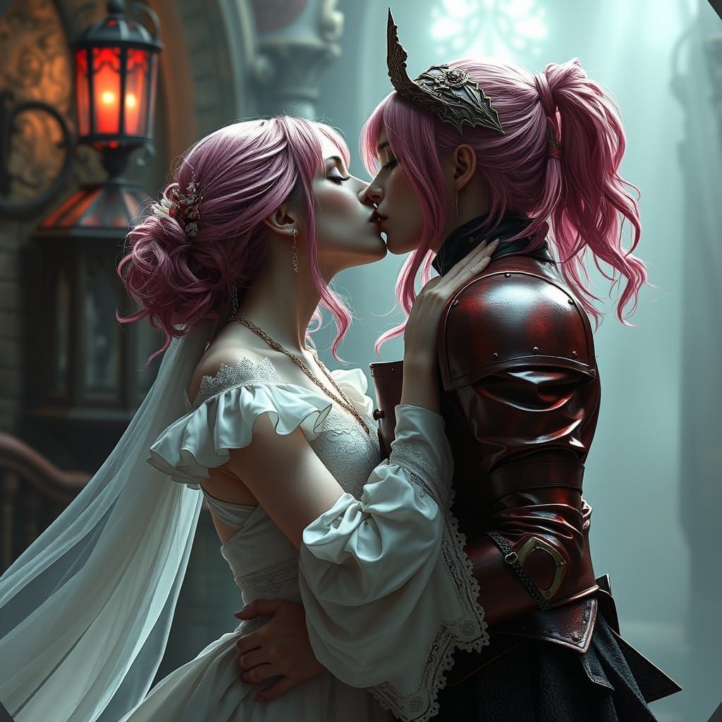 Gothic Goddess Kissing Barmaid: A Digital Painting