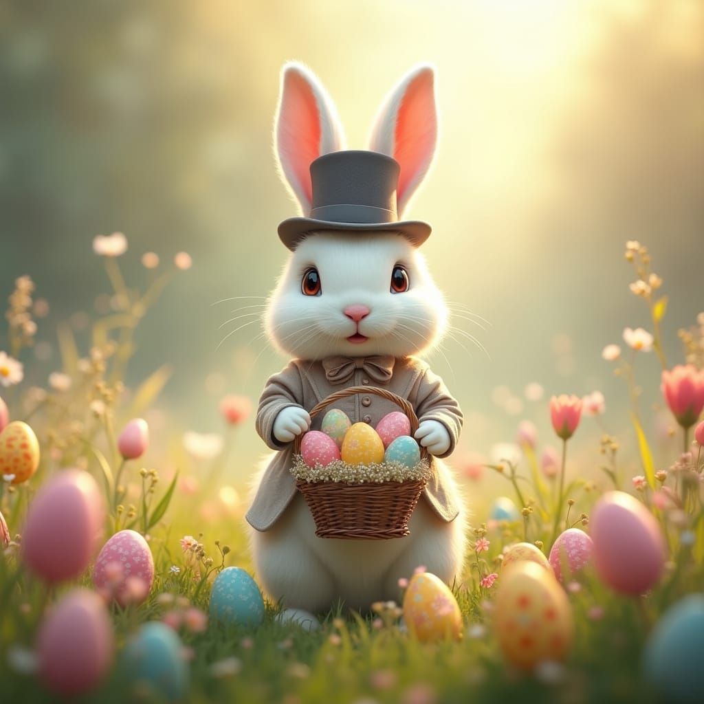 Elegant Victorian Bunny Surrounded by Vibrant Easter Blooms