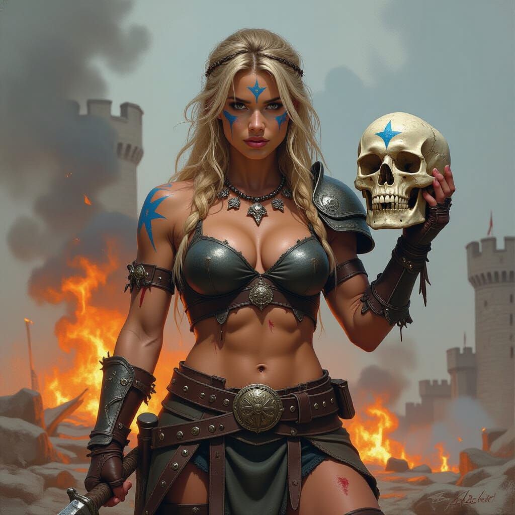 Barbarian Woman in Blazing Castle, Oil Painting Style