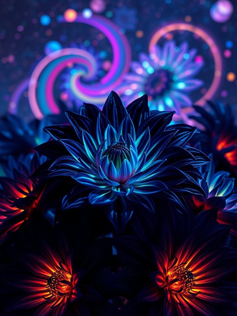 Glowing Black Dhalia Amidst Cosmic Bloom