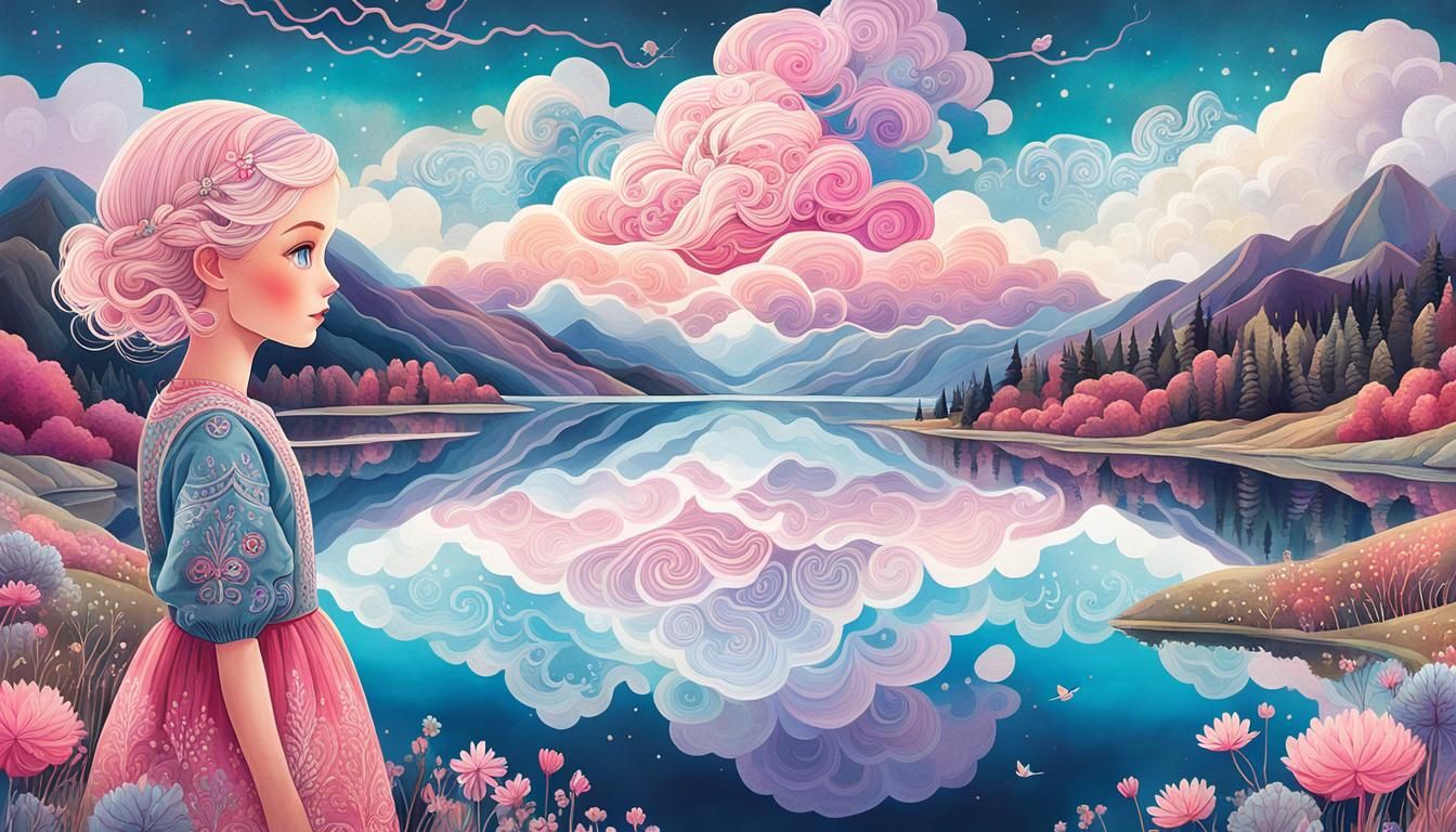 Enchanting Girl in Fractal Landscape, Digital Illustration