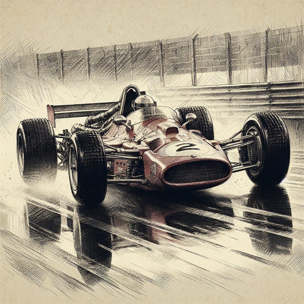 Red Race Car in Historical Monochromatic Style