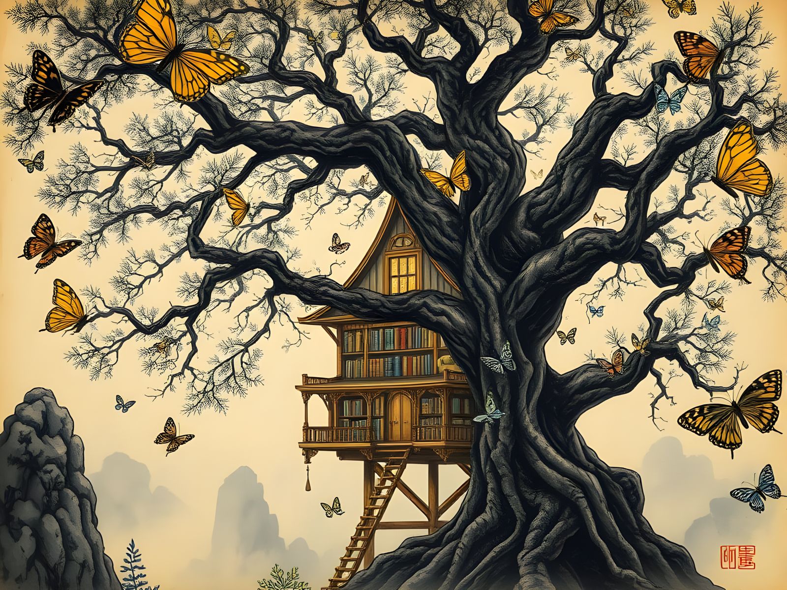Ethereal Treehouse Sanctuary in Goldenpunk Ink Style