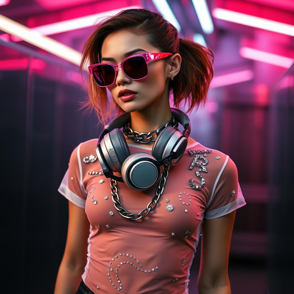 High-Fashion Model in Sequined Top with Neon Backdrop