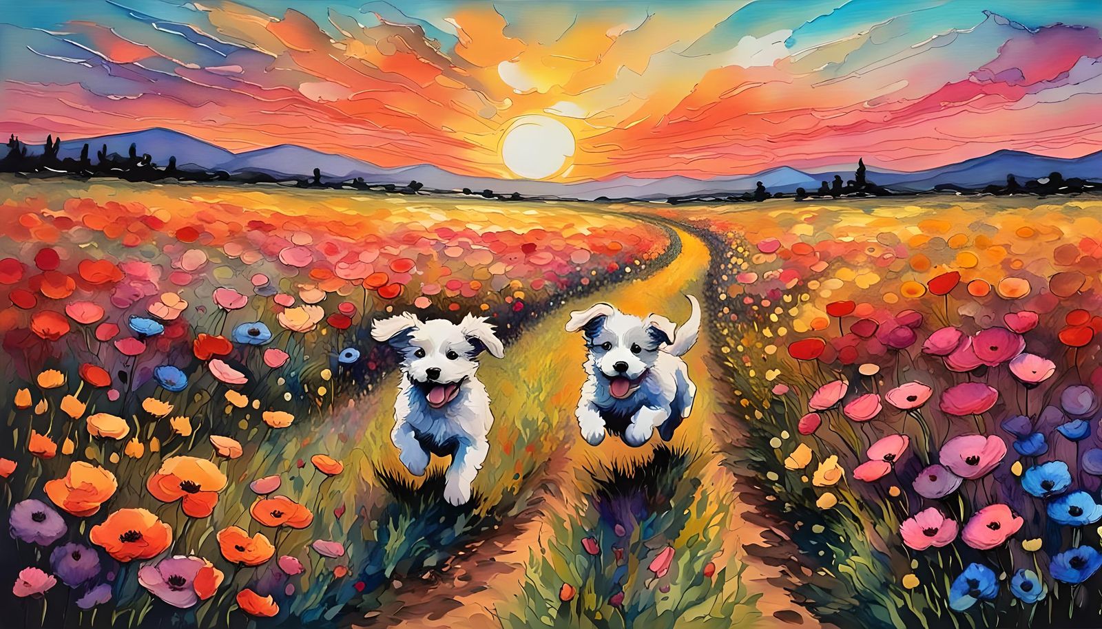 Puppies in Flower Field: Impressionistic Oil Painting