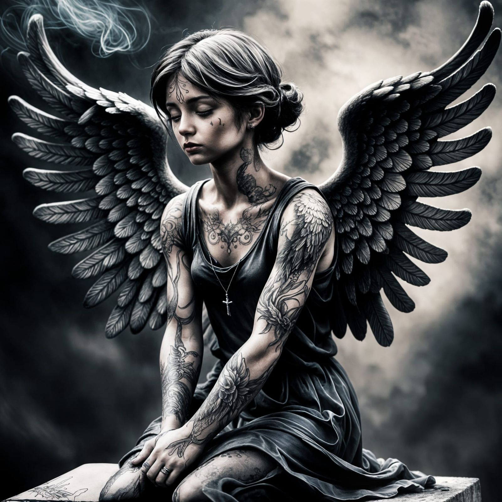 Sad Angel Tattoo Design in Black and White