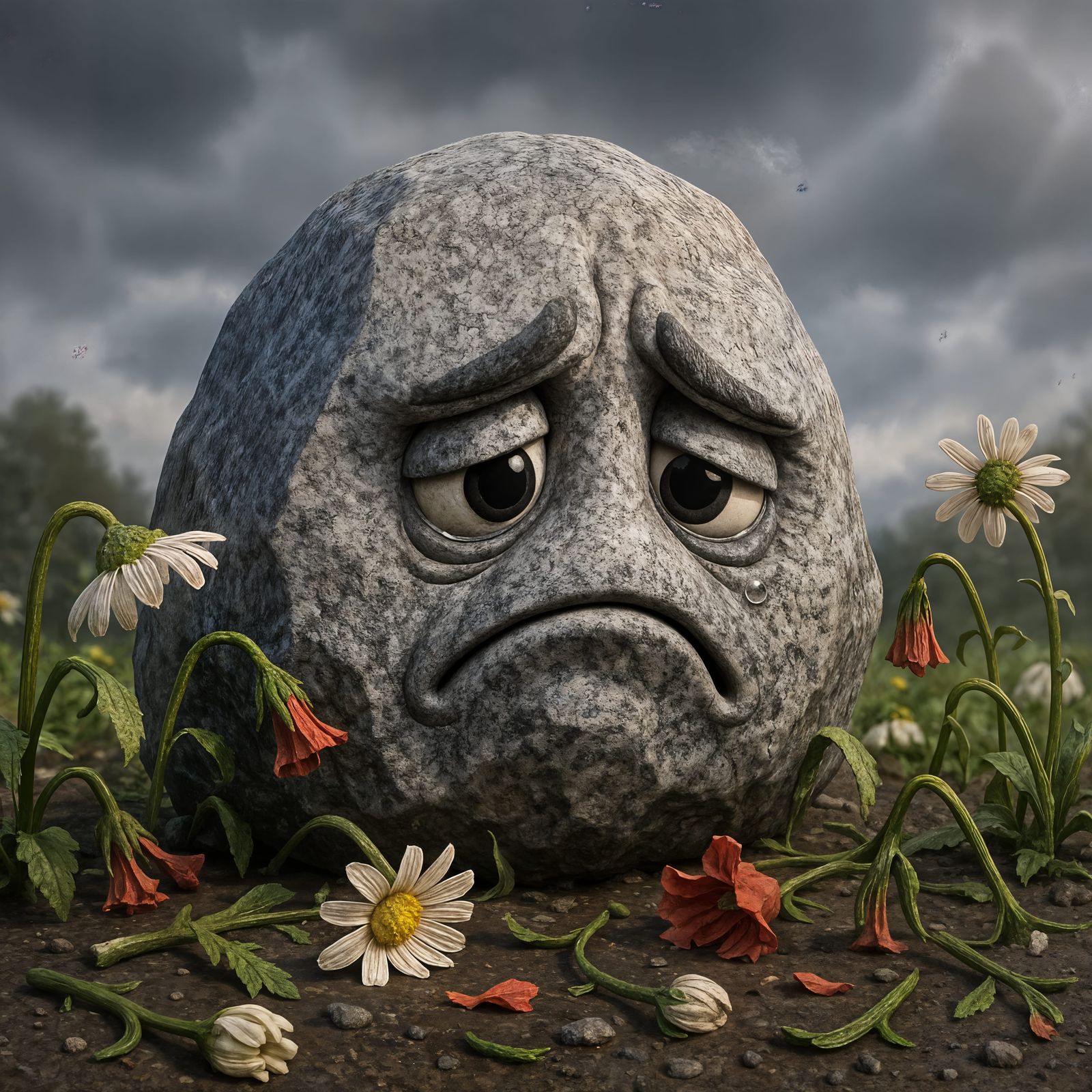 Sad Granite Rock Surrounded by Broken Flowers